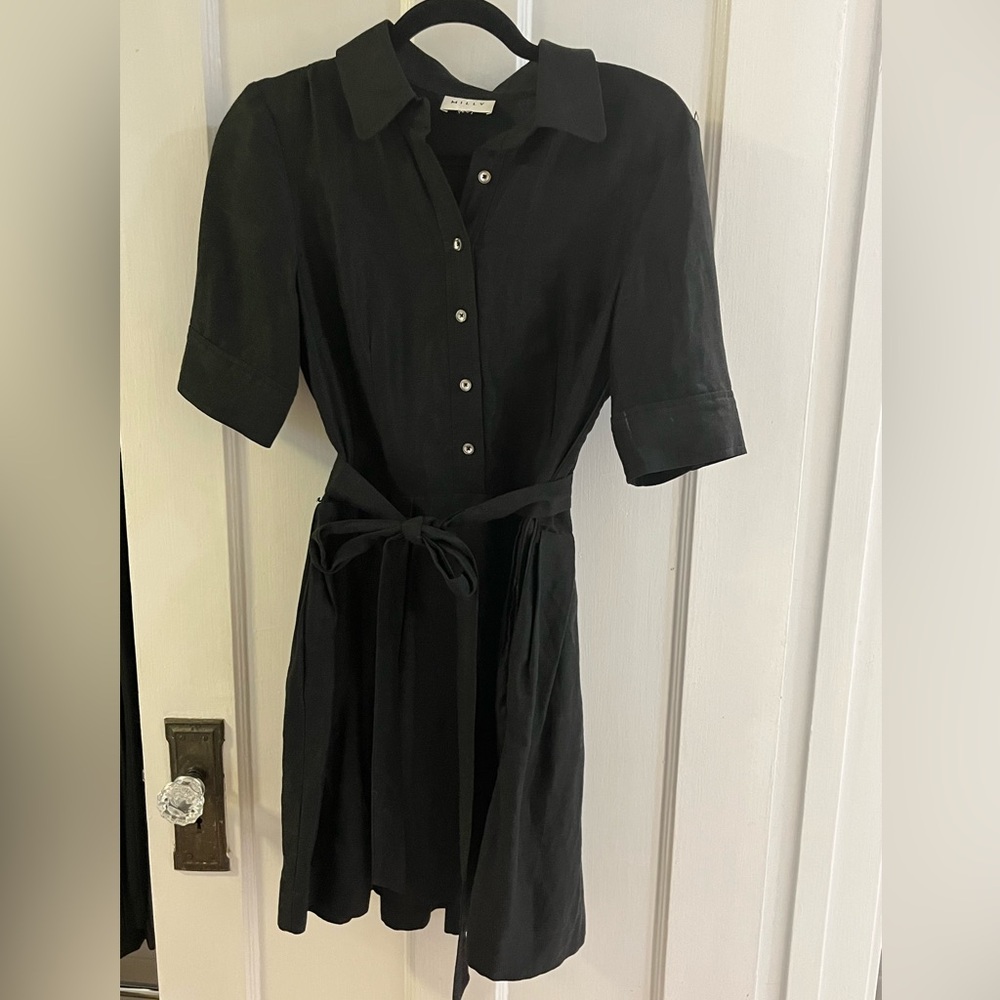 Milly black linen dress size 2.  Mini / Midi length. Belted